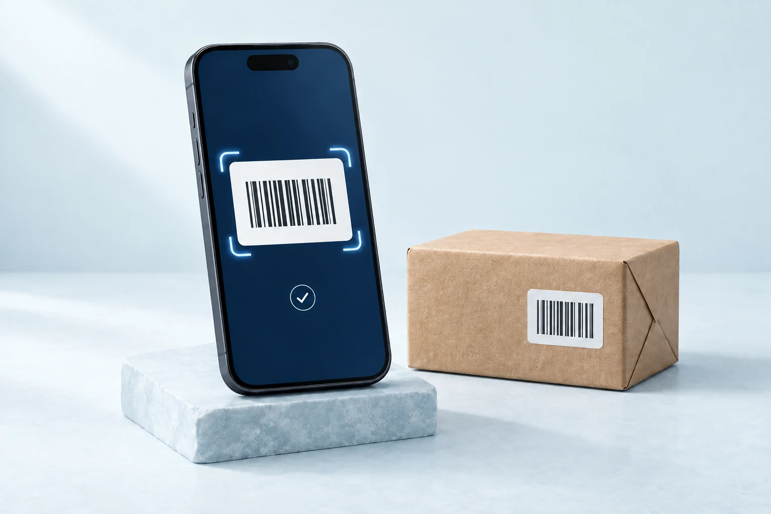 Illustrative studio visual of a phone scanning a barcode beside a parcel