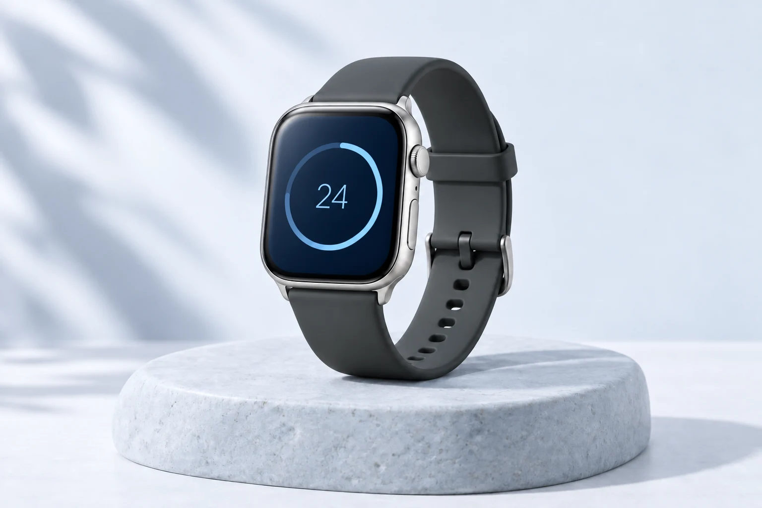 Illustrative studio visual of a smartwatch with a data complication