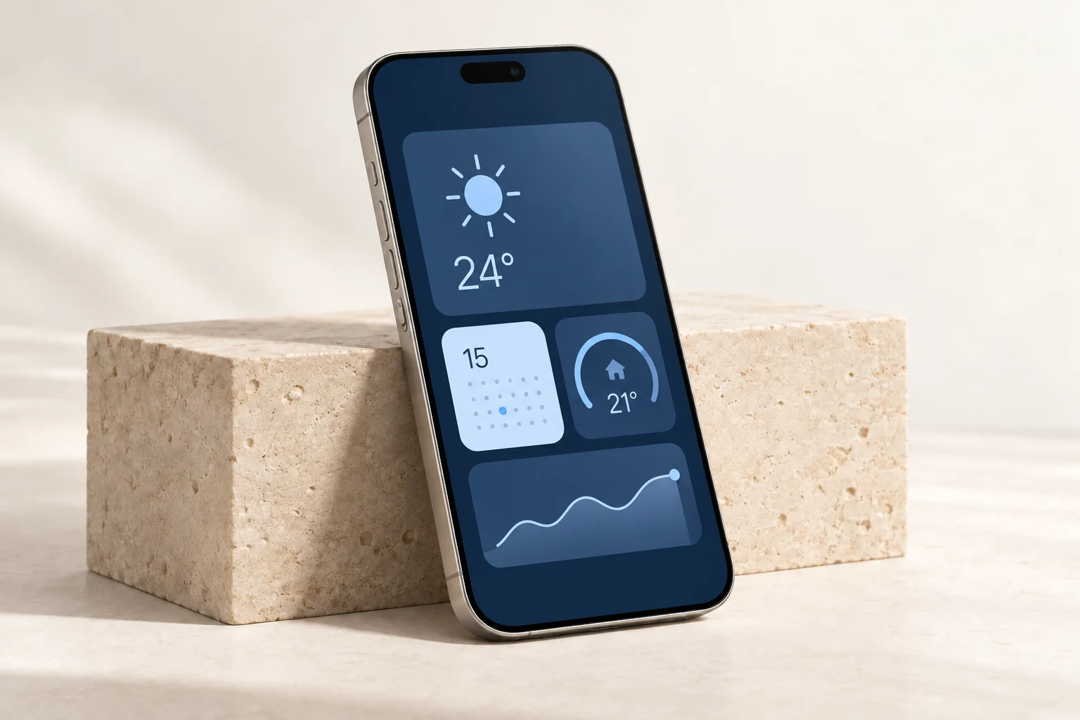 Illustrative studio visual of a phone with configurable data widgets